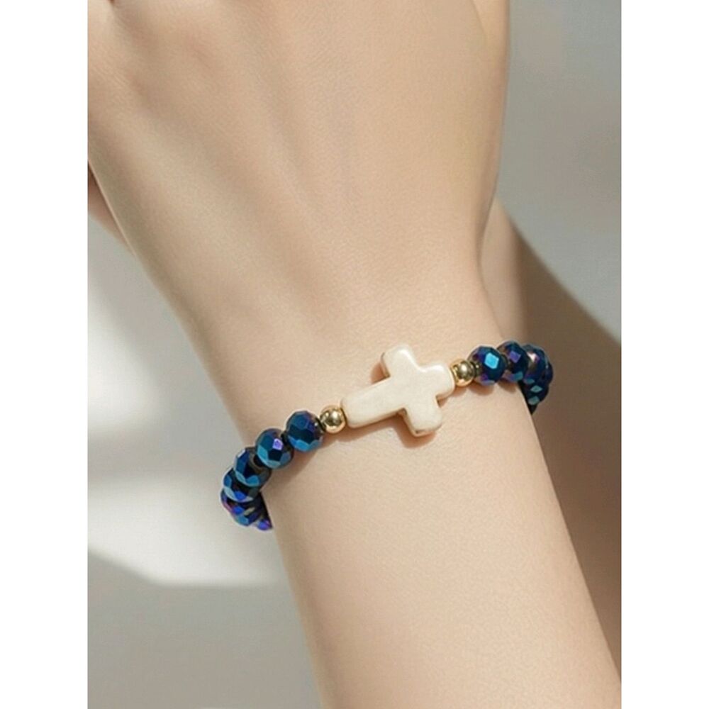 Celestial Faith Midnight Blue Beaded Cross Bracelet Dark Sparkle Stretch Luxe